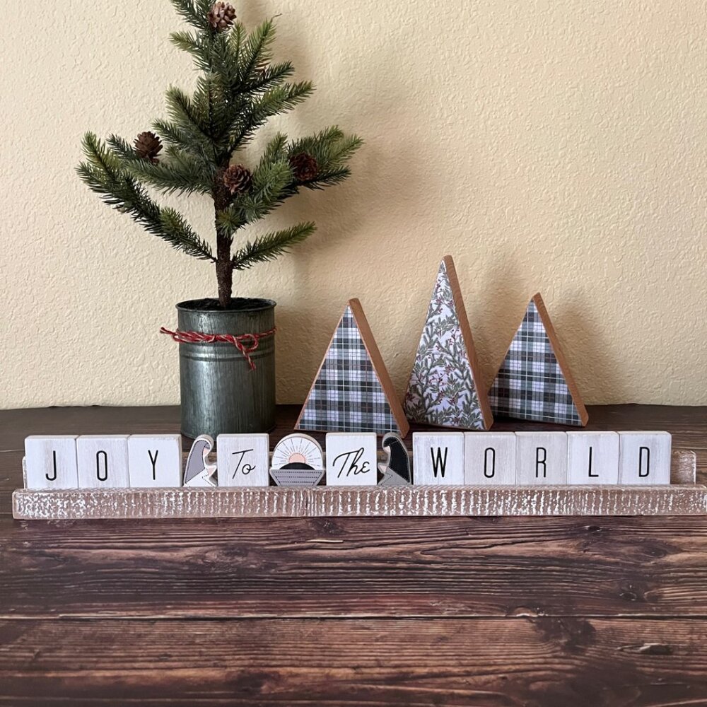 CLEARANCE!Wooden Ledgie Kit - JOY TO THE WORLD / 20"x2"x1" / White Black Grey